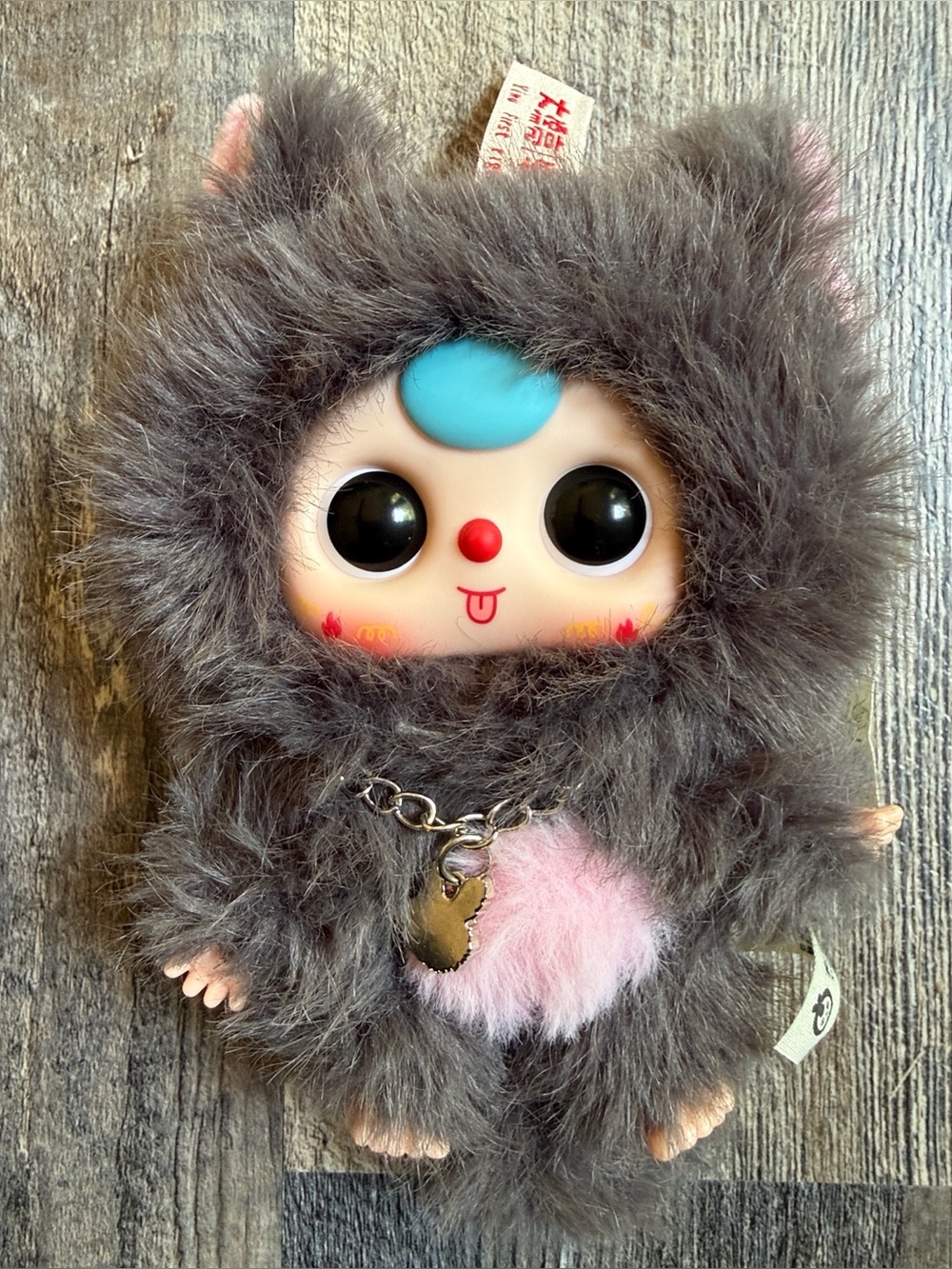 Baby Three Cats and Dogs Bobo Eyes Plush Pendant Keychain Gray Kitty Cat